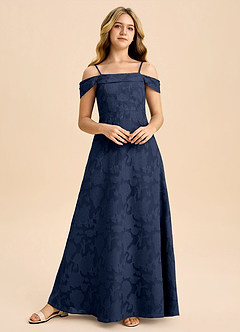 Azazie Anselie Junior Dark Navy A-Line Off the Shoulder Floral Burnout Dress image4