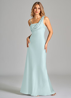 Azazie Celina Bridesmaid Dresses Sea Glass Sheath Off the Shoulder Stretch Satin Dress image3
