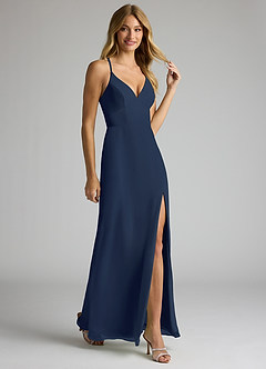 Azazie Becca Bridesmaid Dresses Dark Navy Sheath V-Neck Chiffon Dress image2