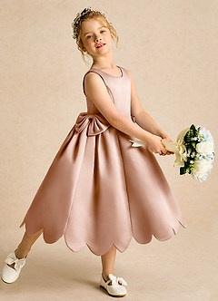 Azazie Macaroon Flower Girl Dresses Champagne Rose Ball-Gown Bow Matte Satin Dress image1