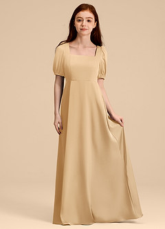 Azazie Briar Junior Gold A-Line Bow Stretch Satin Dress image3