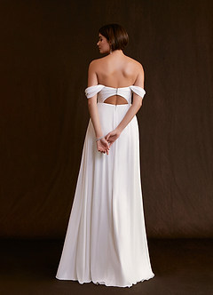 Azazie Ava At-home Try On Dresses Diamond White A-Line Off the Shoulder Stretch Chiffon Dress image2