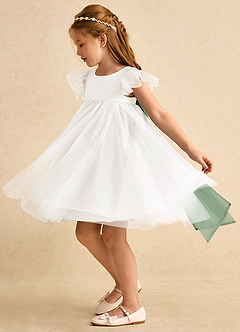 Azazie Munchkin Flower Girl Dresses Ivory Matcha A-Line Bow Tulle Dress image5