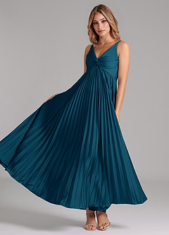 Azazie Raychelle Bridesmaid Dresses Ink Blue A-Line Pleated Stretch Satin Dress image2
