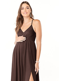 Azazie Annabelle Maternity Bridesmaid Dresses A-Line V-Neck Pleated Mesh Floor-Length Dress image6