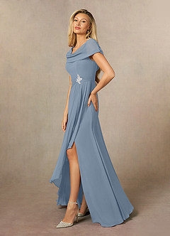 Azazie Mary Mère de la mariée Robes Robe Trapèze en Mousseline de soie Fente Latérale Bleu Poussiéreux image2