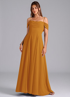 Azazie Almina Brautjungfernkleider Wandelbar A-Linie Schulterfrei Chiffon Kleid Butterscotch image4