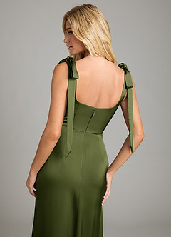 Azazie Frostine Vestidos de damas de honor Vestido de Oliva de Satén Elástico de Corte en A con Lazo image6