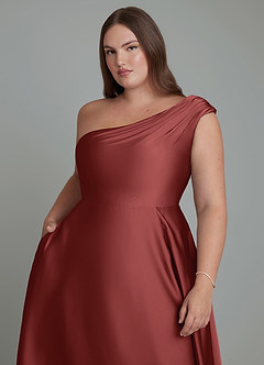 Azazie Melanie Bridesmaid Dresses Terracotta A-Line Off the Shoulder Stretch Satin Dress image12