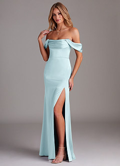 Azazie Saige Bridesmaid Dresses Cloud Blue Sheath Off the Shoulder Stretch Satin Dress image5