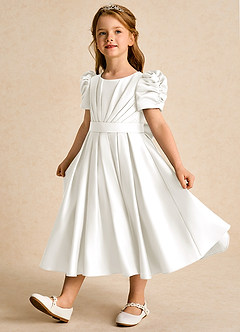 Azazie Miriam Flower Girl Dresses Ivory Ball-Gown Pleated Matte Satin Dress image3