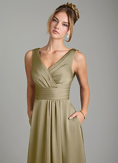 Azazie Karina Bridesmaid Dresses Moss Green A-Line Pleated Stretch Satin Dress image7