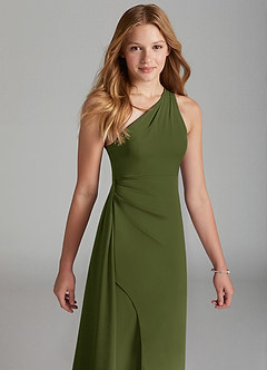 Azazie Maron Junior Olive A-Line Pleated Stretch Satin Dress image3