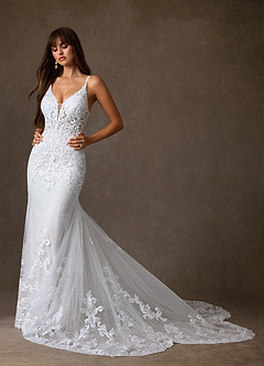 Azazie Selene Final Sale Diamond White Mermaid V-Neck Lace Dress image6