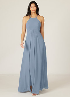 Azazie Sarah Bridesmaid Dresses Dusty Blue Empire Pleated Chiffon Dress image1