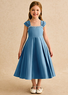 Azazie Yosemite Jurken voor bloemenmeisjes Baljurk Jurk van Mat Satijn Sweetheart Halslijn Staal Blauw image4