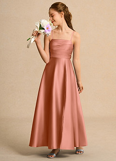 Azazie Pebbles Junior Formal Blumenmädchenkleider A-Linie Plissee Matte Satin Kleid Mai Tai image4