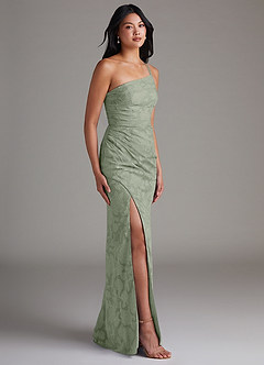 Azazie Eren Bridesmaid Dresses Agave Sheath One Shoulder Floral Burnout Dress image3