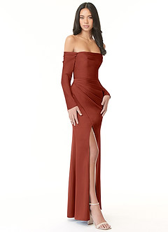 Azazie Hallie Bridesmaid Dresses Terracotta Sheath Off-The-Shoulder Long Sleeve Stretch Satin Convertible Dress image5