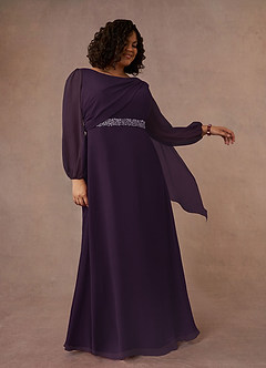 Azazie Priyanka Mère de la mariée Robes Robe Trapèze en Mousseline de soie Col bateau plissé Prune image7