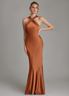 Azazie Reign Bridesmaid Dresses Copper Mermaid Pleated Stretch Satin Dress image4