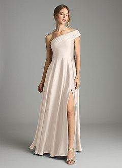 Azazie Melanie Bridesmaid Dresses White Alabaster A-Line Off the Shoulder Stretch Satin Dress image3