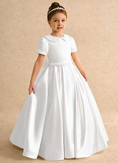 Azazie Gabriella Flower Girl Dresses White Ball-Gown with Sleeves Matte Satin Dress image5