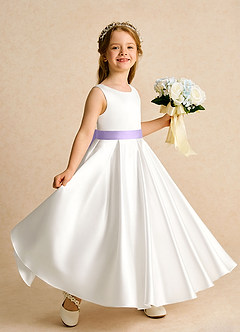 Azazie Cherry Flower Girl Dresses Ivory Lilac Ball-Gown Pleated Matte Satin Dress image3