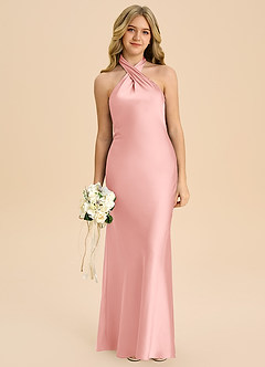 Azazie Chickie Junior Powder Pink Sheath Pleated Stretch Satin Dress image3