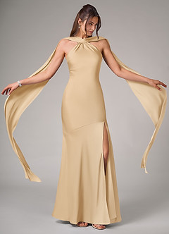 Azazie Kinsley Bridesmaid Dresses Gold Mermaid Side Slit Stretch Satin Dress image2
