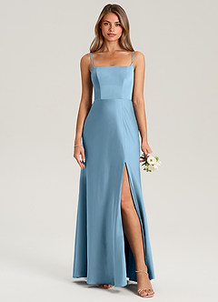 Azazie Lidia Bridesmaid Dresses Steel Blue Mermaid Side Slit Stretch Satin Dress image5