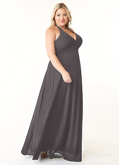 Azazie Tessie Robes de demoiselle d'honneur Robe Trapèze en Mousseline de soie Col V plissé Gris Acier image8