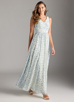 Azazie Keyla Bridesmaid Dresses Blue And White Ditsy Floral A-Line V-Neck Pleated Chiffon Dress image3