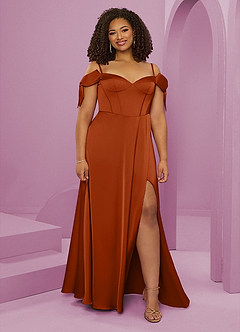 Barbie ♥ Azazie Bridesmaid Dresses Burnt Orange A-Line Off the Shoulder Stretch Satin Dress image1