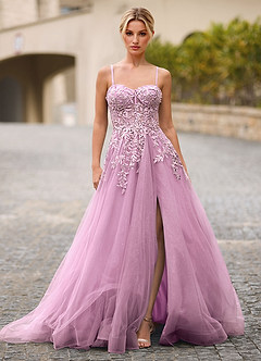 Celeste Light Purple Rhinestone Sheer Lace Prom Dress image7