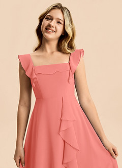 Azazie Nori Junior Salmon Pink A-Line Ruched Chiffon Dress image7