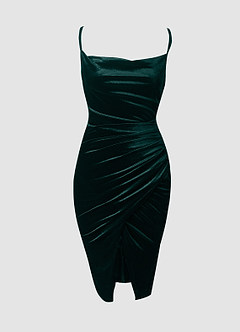 Immensely Impressive Dark Emerald Velvet Cowl Neck Ruched Midi Dress image7