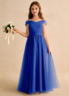 Azazie Yuna Girls Formal Abiti da Ragazza di Fiori Abito A-Line in Tulle Spalle Scoperte Blu Reale image3
