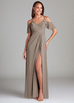 Azazie Dakota Jurken voor bruidsmeisjes Jurk van Mesh met A-Lijn Off the Shoulder Taupe image1