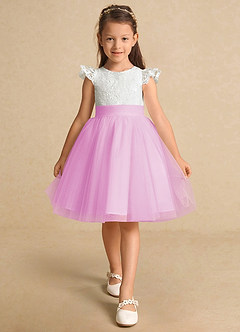 Azazie Vetty Flower Girl Dresses Ivory Candy Pink A-Line Lace Tulle Dress image6