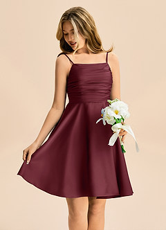 Azazie Miko Junior Linia A Pofałdowany Satyna elastyczna Mini Młodsza druhna Sukienka image4