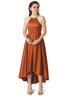 Azazie Jemima Junior Vestido de Canela de Satén Elástico de Corte En A con Con bolsillos image4