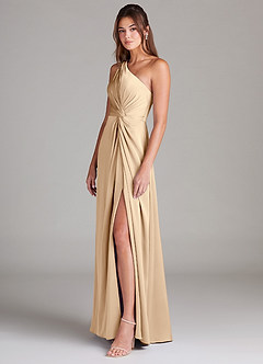 Azazie Brooke Bridesmaid Dresses Champagne A-Line One Shoulder Stretch Satin Dress image5