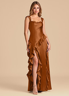 Azazie Sloane 신부 들러리 드레스 A라인 스윗하트 네크라인 메탈릭 새틴 바닥 길이 드레스 image1