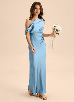 Azazie Emerson Junior Steel Blue Sheath Off the Shoulder Stretch Satin Dress image5