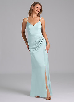Azazie Leo Bridesmaid Dresses Sea Glass Sheath Pleated Stretch Satin Dress image2