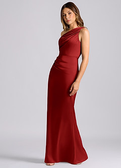 Azazie Akilah Bridesmaid Dresses Pomegranate Mermaid One Shoulder Stretch Satin Dress image5