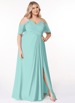 Azazie Dakota Bridesmaid Dresses Aqua A-Line V-Neck Pleated Chiffon Dress image10