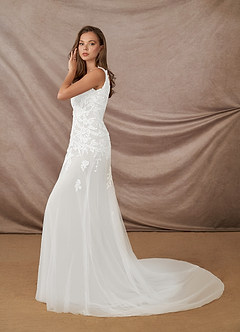 Azazie Bess Wedding Dresses Diamond White Sheath Sequins Tulle Dress image4