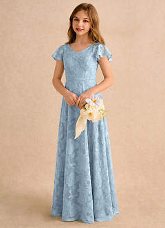Azazie Narin Girls Formal vestidos de niña de las flores Vestido Azul Cielo de Devorado Floral de Línea A con con mangas image4